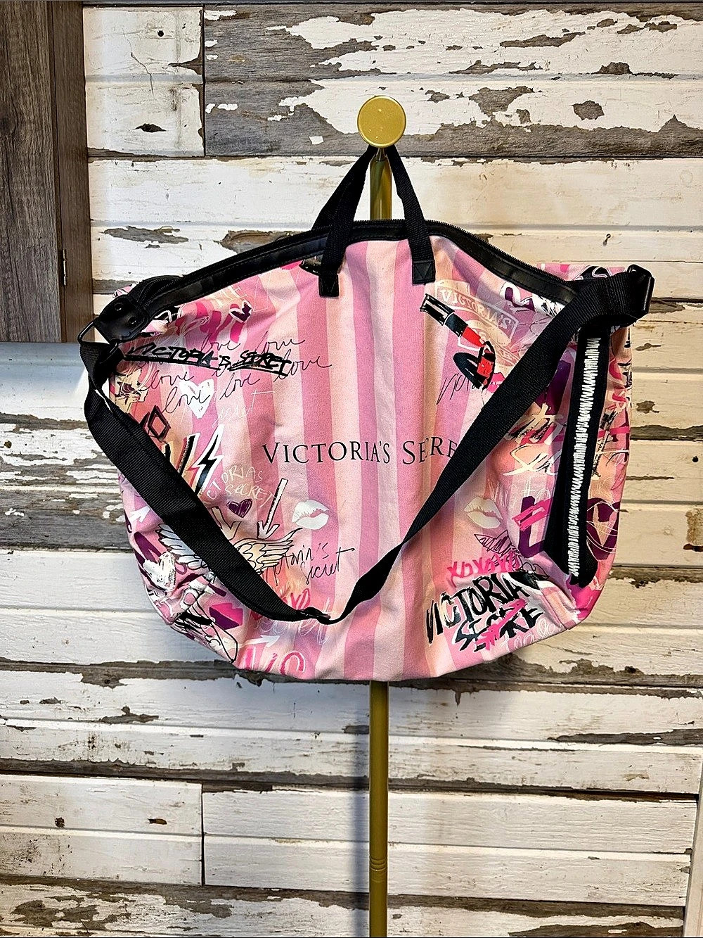 Victoria's Secret Pink & Black Striped Graffiti Weekender Duffle Bag